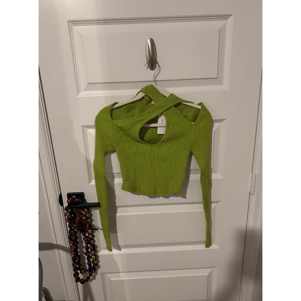 Urban Outfitters Women's Green Ribbed Long Sleeve Top with Cutouts